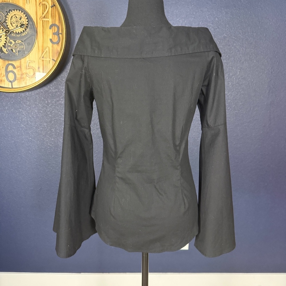 Aqua NWT Sculptural Bell Sleeve Off Shoulder Black Button Down Blouse | Small - Picture 3 of 9